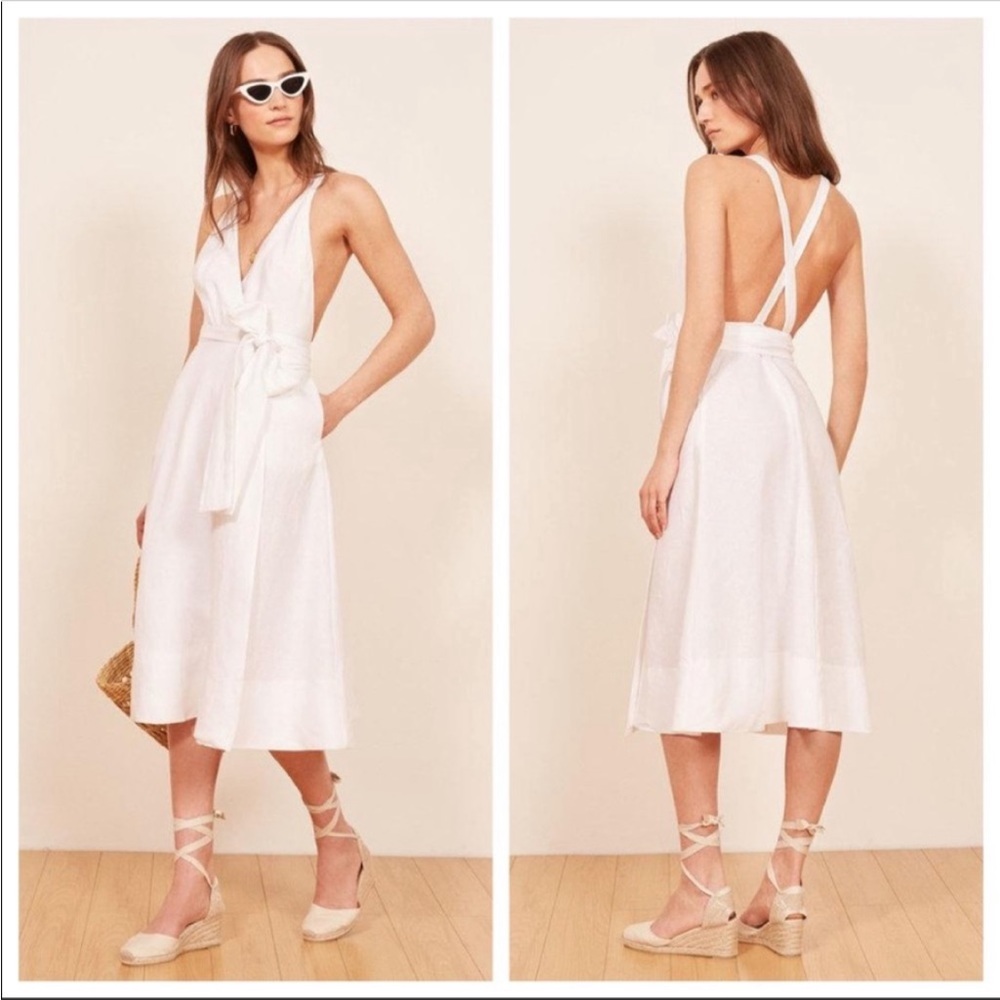Reformation White Linen Adjustable Strap Midi Dress L